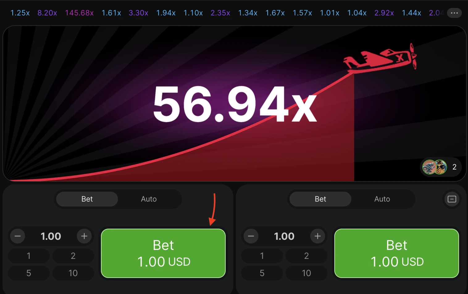 Интерфейс Aviator: две ставки и кнопки вывода