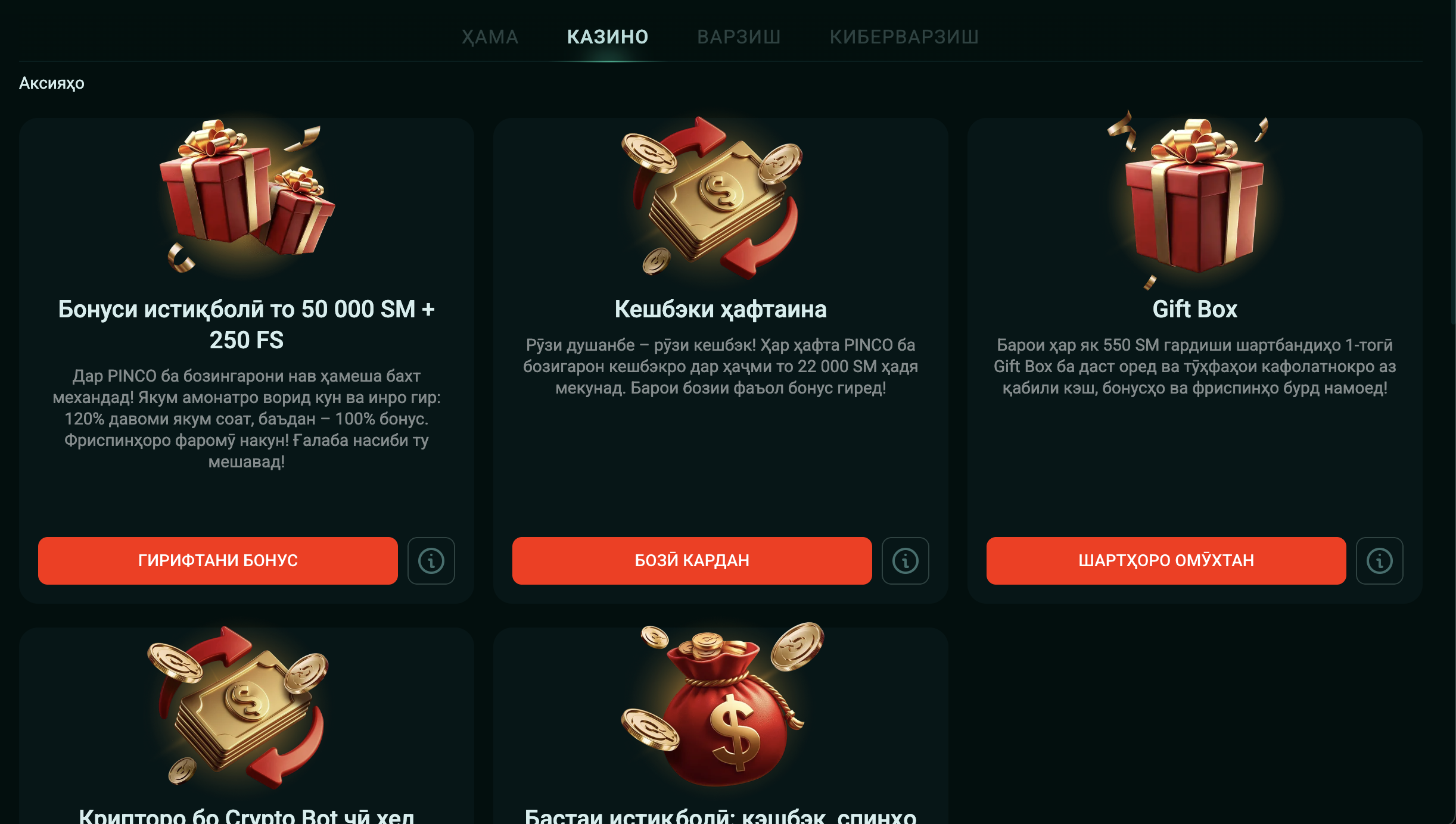 Раздел «Акции» Pinco Casino — список доступных бонусов